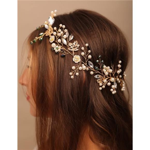YETTER Wedding Bridal Floral Pearl Green Crystal Maple Pearl Headband Wedding main image 6